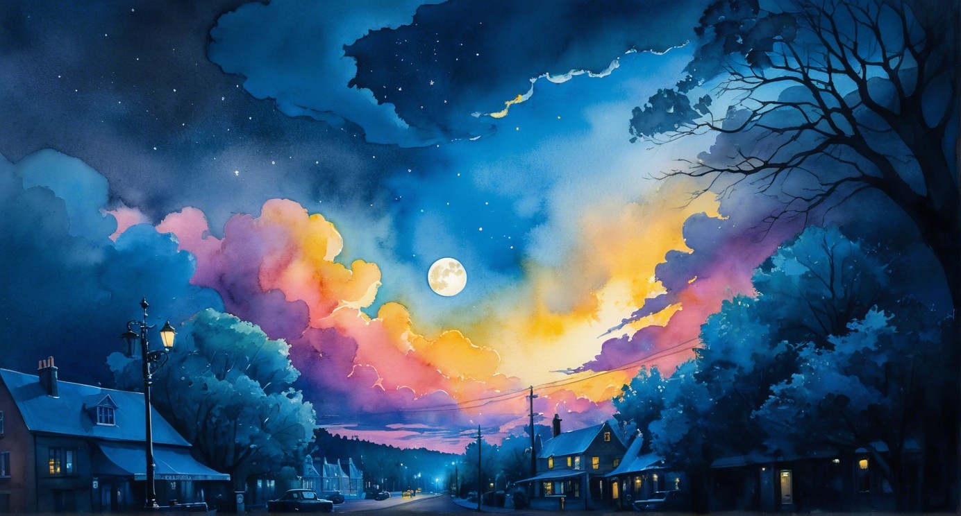 Nighttime Village Scene Under Vibrant Sky and Moon