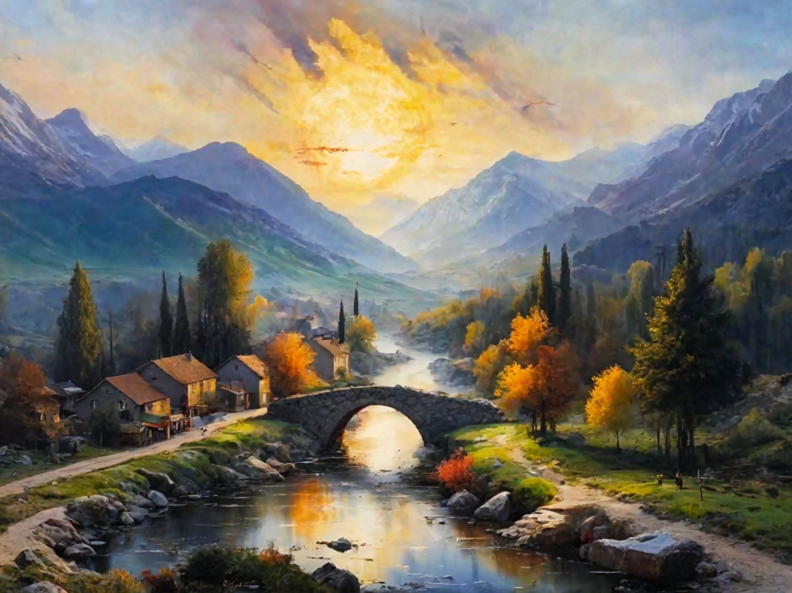 Serene Landscape with River and Autumn Trees