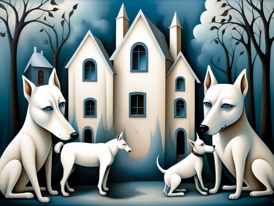 Surreal Artwork of Four White Dogs and Whimsical House
