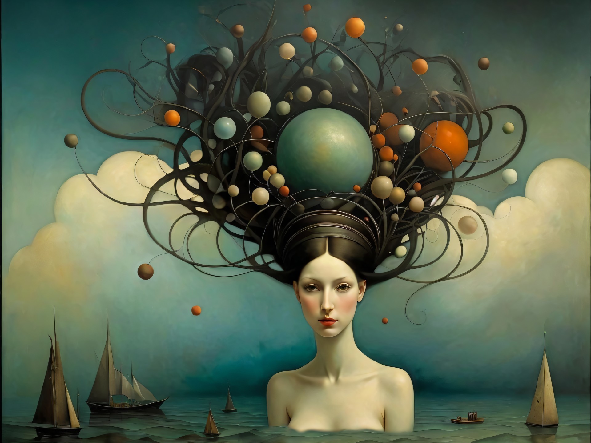 Serene Woman with Cosmic Hair in Dreamlike Setting