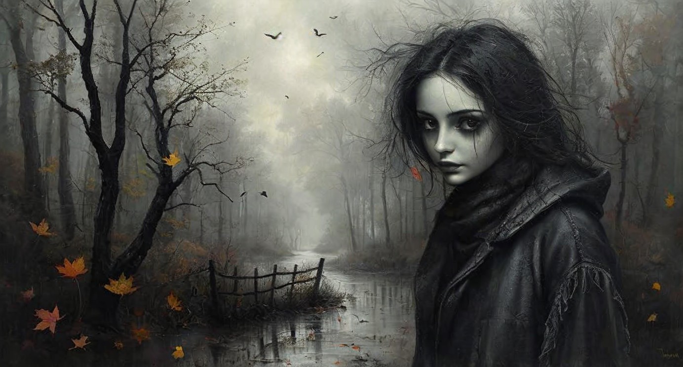 Misty Forest Scene with a Pensive Young Woman