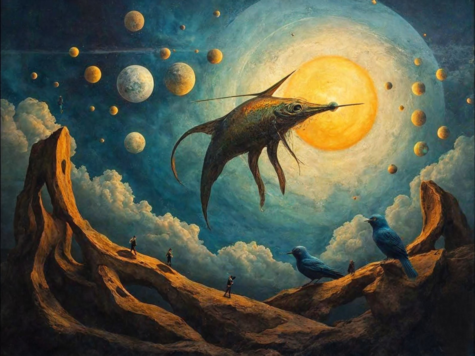 Surreal Landscape with Cosmic Sky and Ethereal Fish