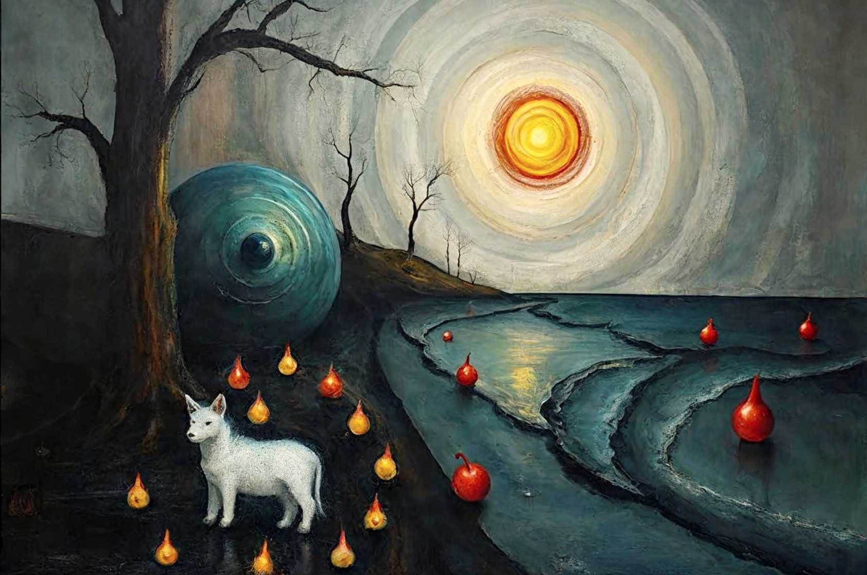 Surreal Landscape with Bright Sun and Ghostly Creature