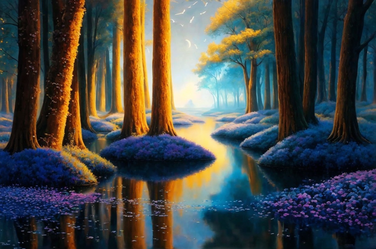 Serene landscape with trees, flowers, and a river