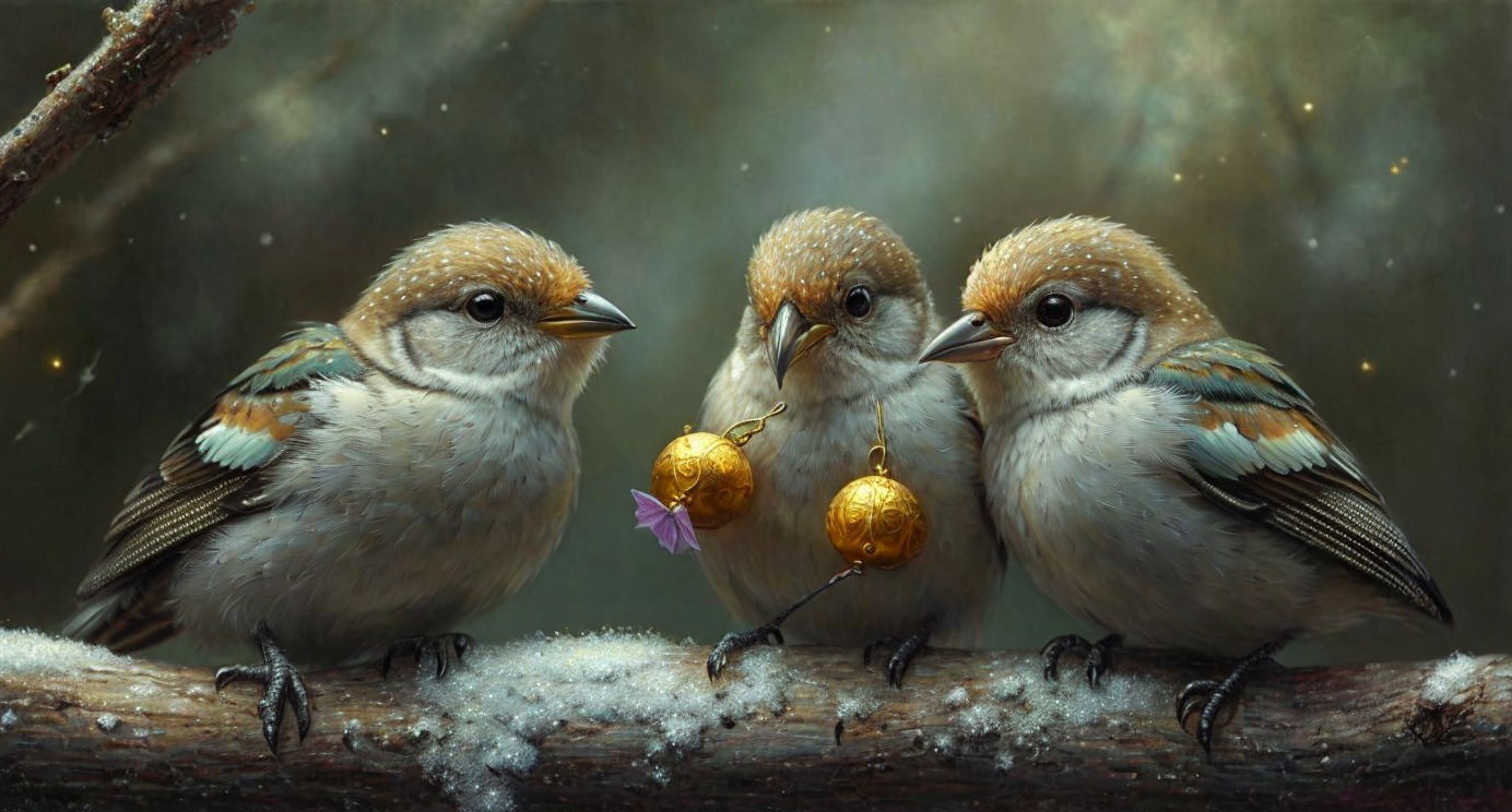 Small Birds on Snow-Dusted Branch with Ornaments
