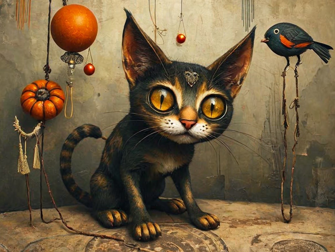Whimsical Cat and Colorful Bird in Autumn Setting