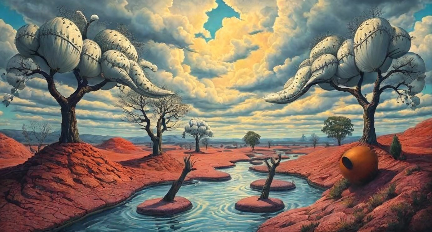 Surreal Landscape with Red Hills and Twisting Trees