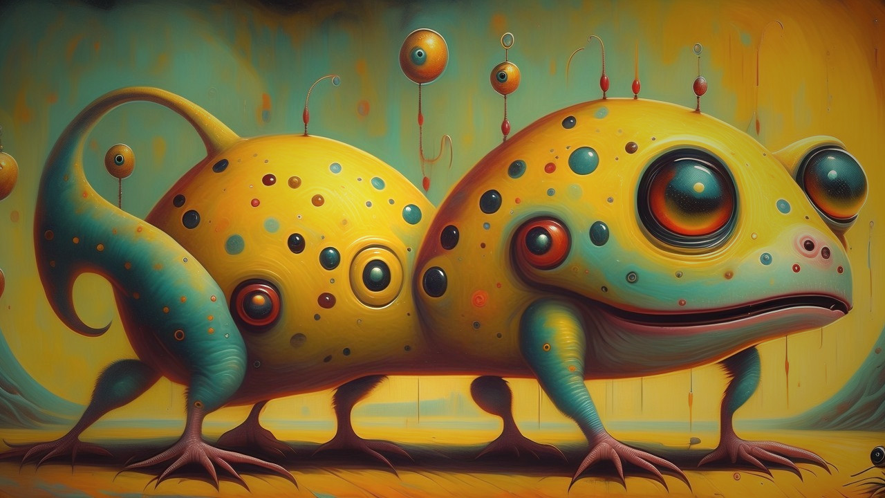 Whimsical Creature with Yellow Body and Polka Dots