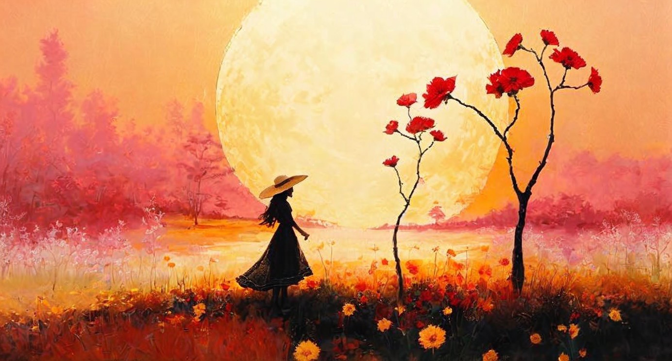 Silhouette of a woman in a vibrant, dreamy landscape