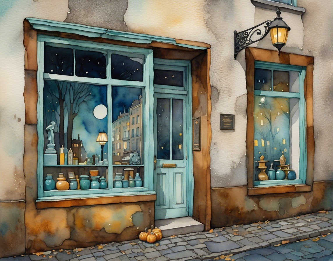Cozy Storefront with Decorative Vases and Pumpkins