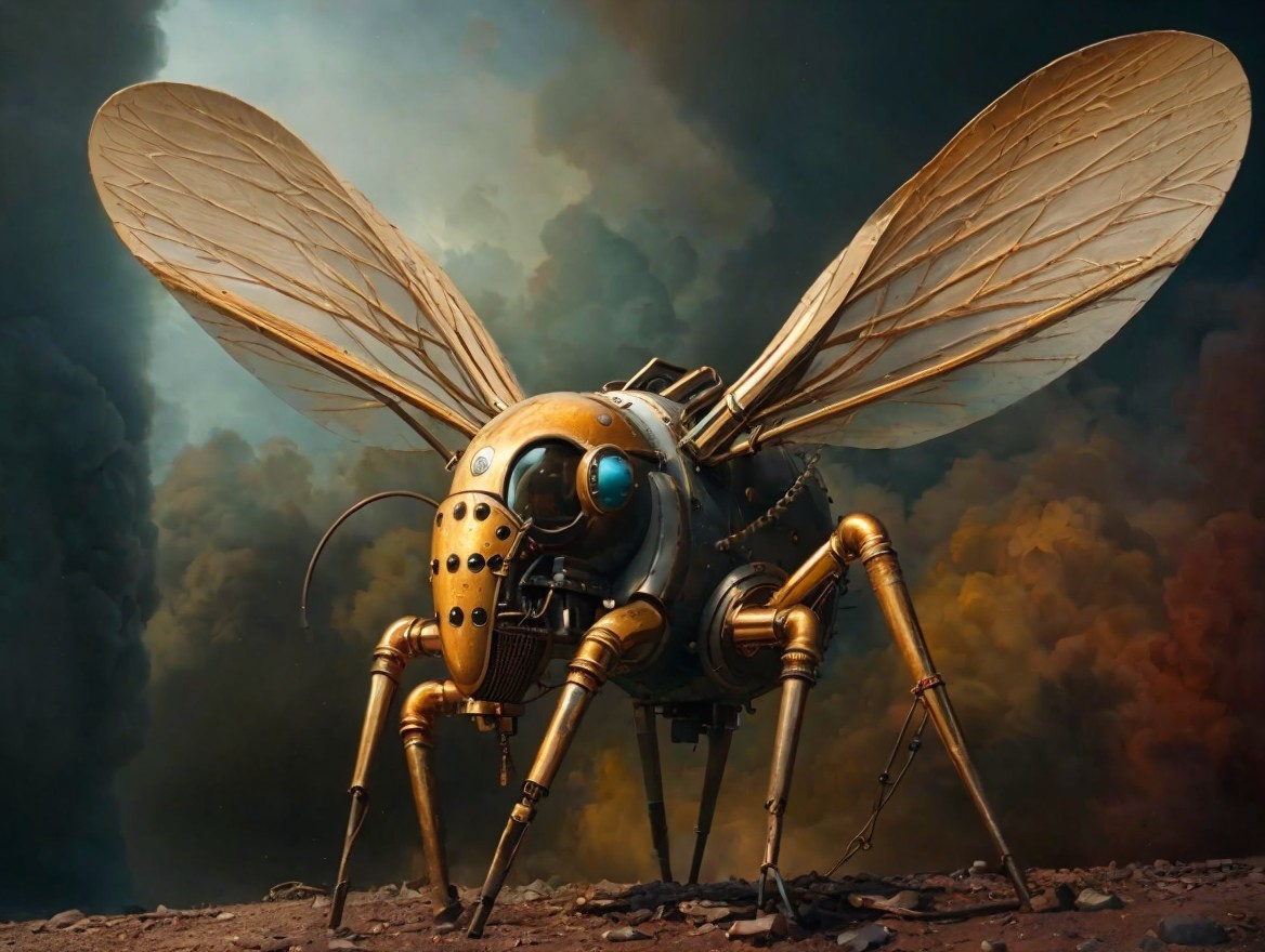 Steampunk Robotic Bee with Intricate Details and Wings