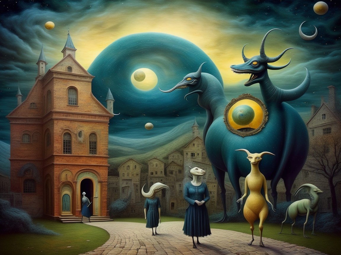 Surreal Mansion in Dreamlike Landscape with Creatures