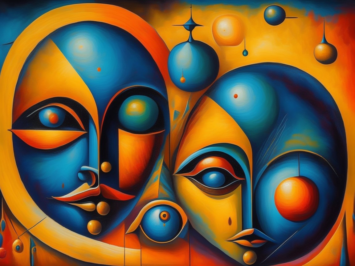 Vibrant Abstract Composition with Intertwined Faces