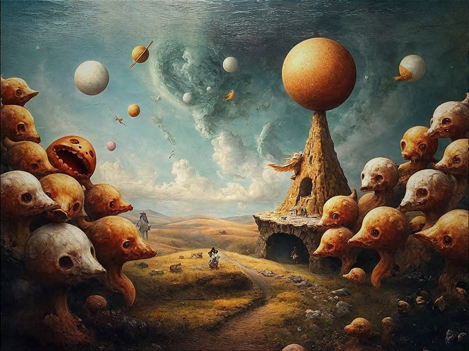 Surreal Landscape with Towering Rock and Celestial Bodies