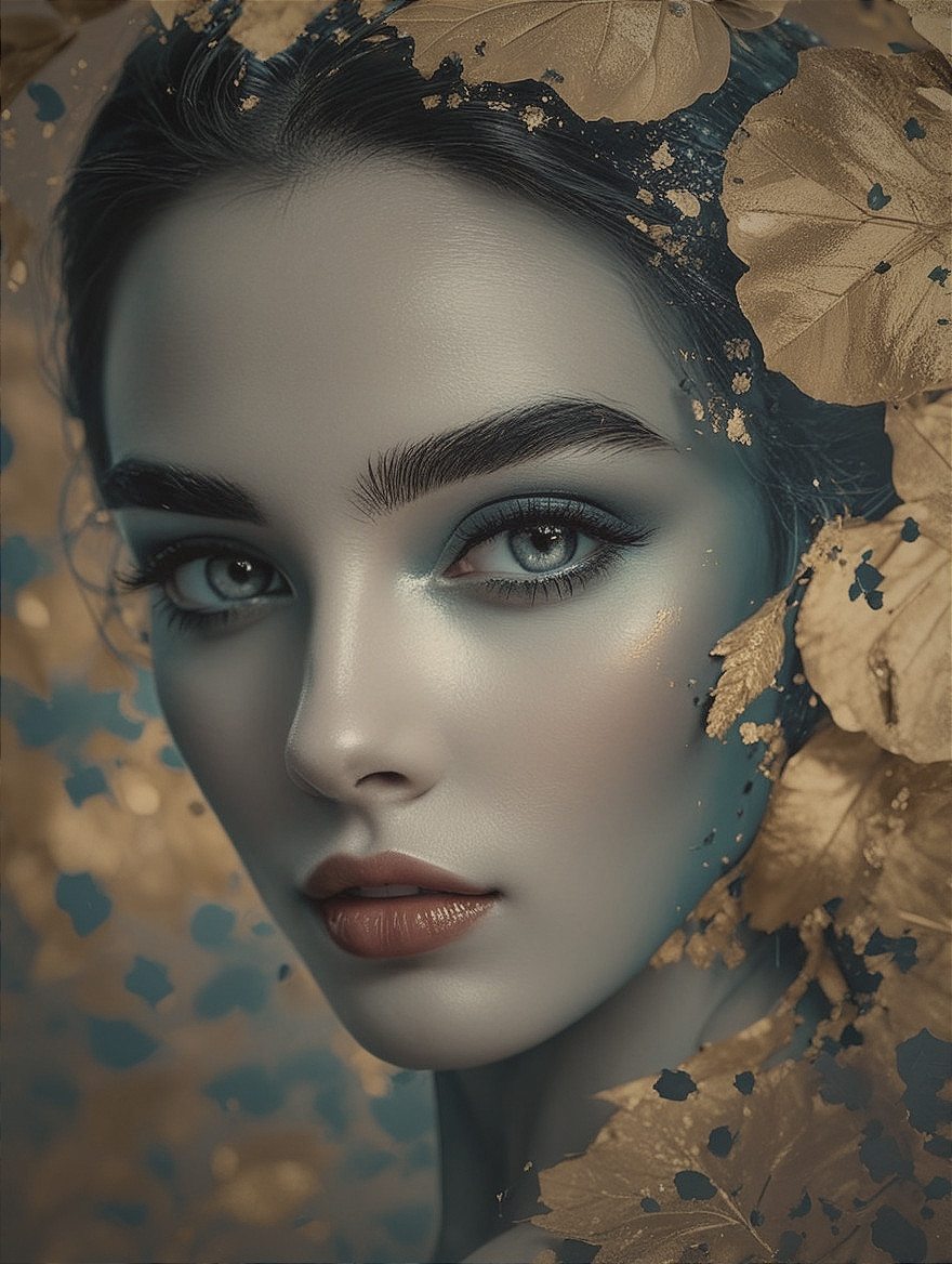 Portrait of a Woman with Luminous Skin and Autumn Leaves