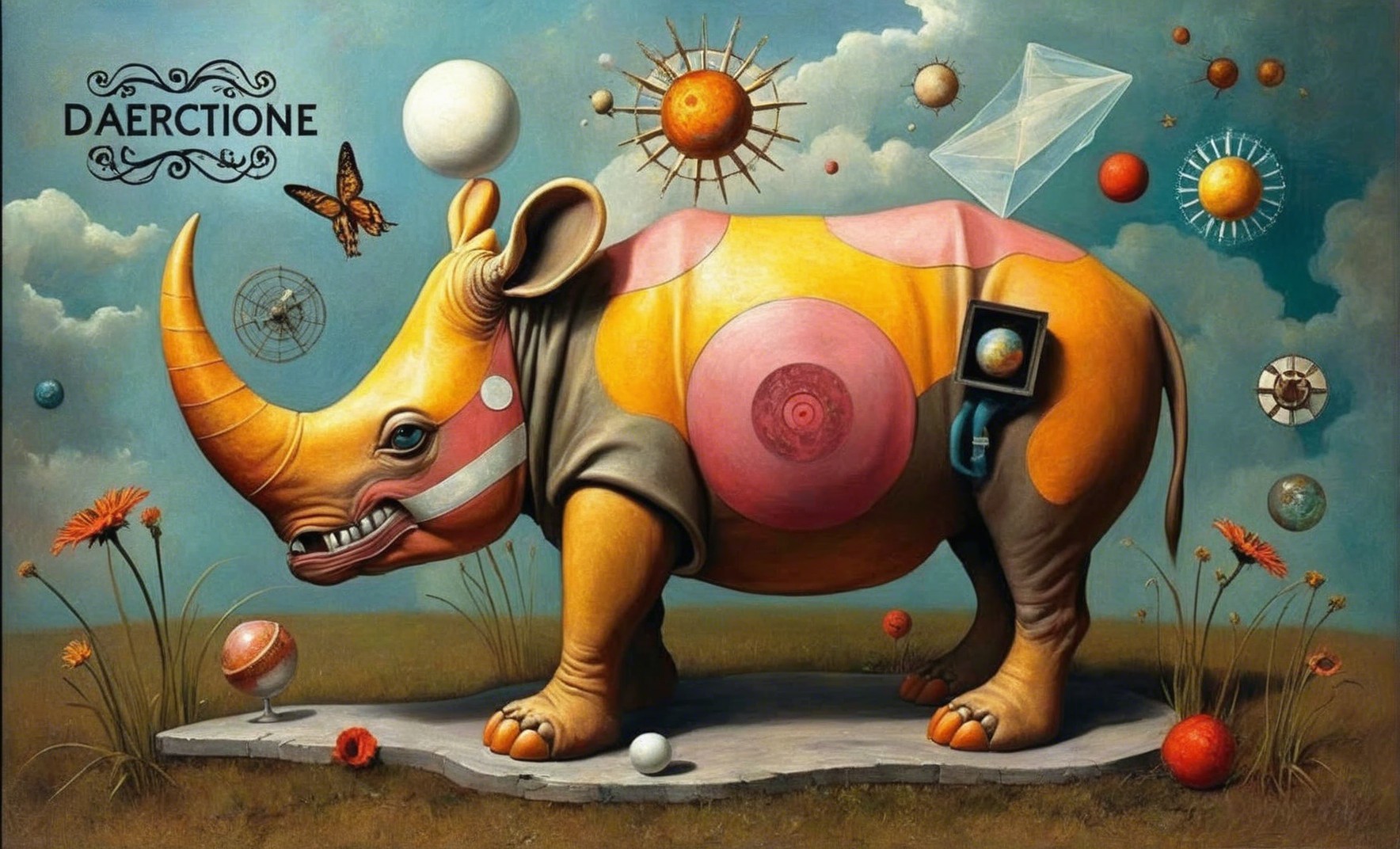Colorful Abstract Rhinoceros in Surreal Landscape
