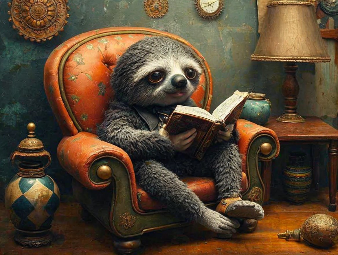 Sloth Reading in Vintage Armchair with Cozy Decor