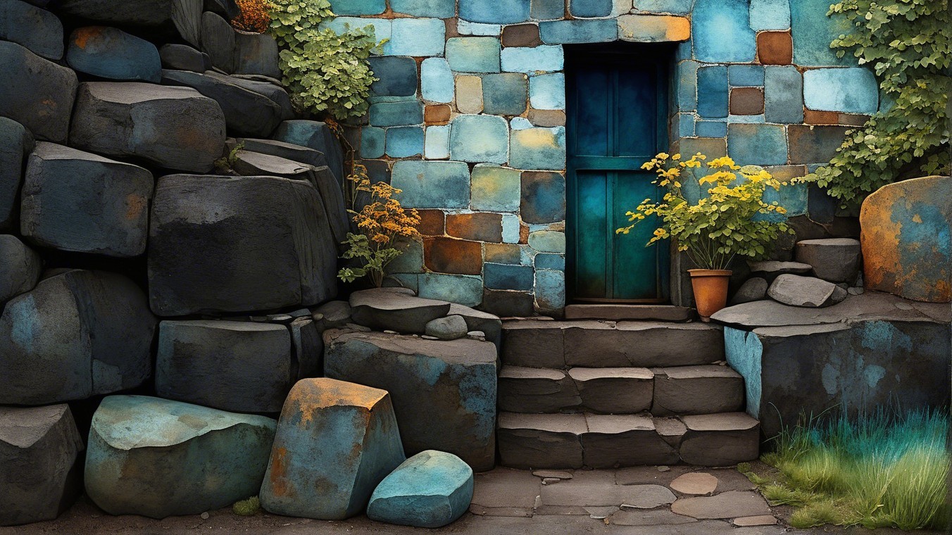 Serene Stone Wall with Blue Door and Green Foliage
