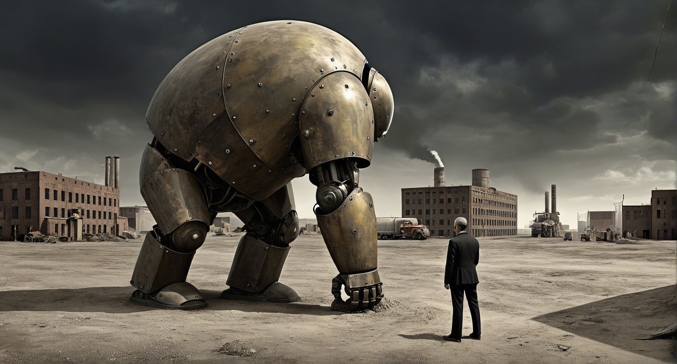 Bronze Robot Overlooks Small Figure in Industrial Scene