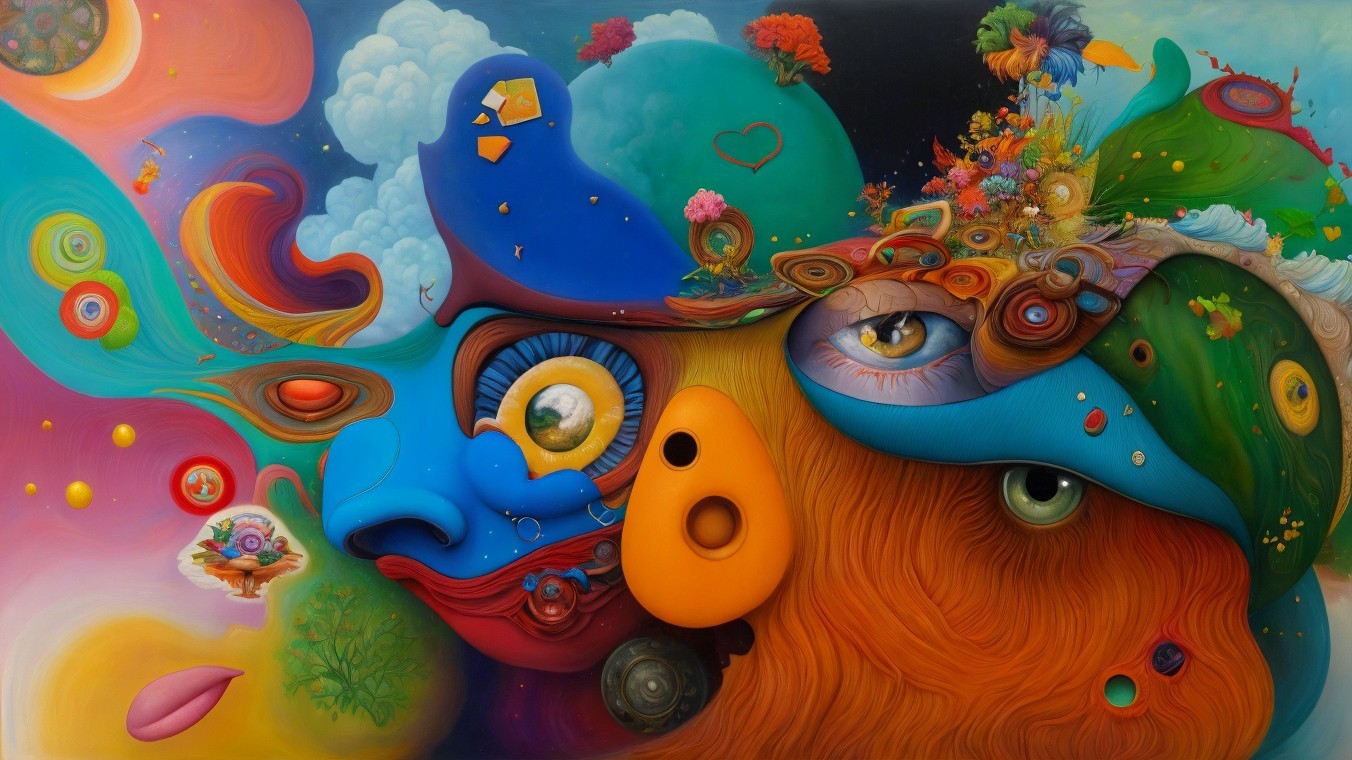 Vibrant Surreal Abstract Painting with Whimsical Elements