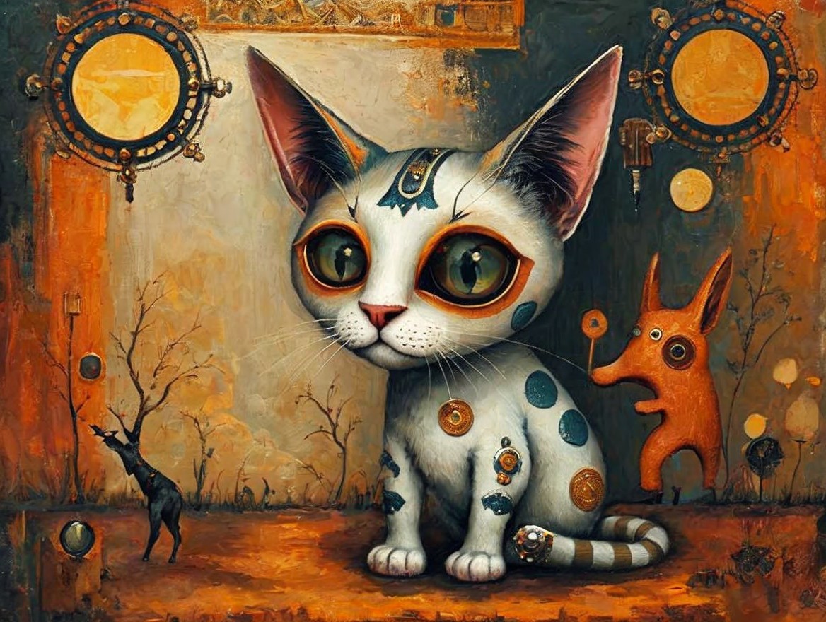 Whimsical Cat in Surreal Landscape with Abstract Shapes