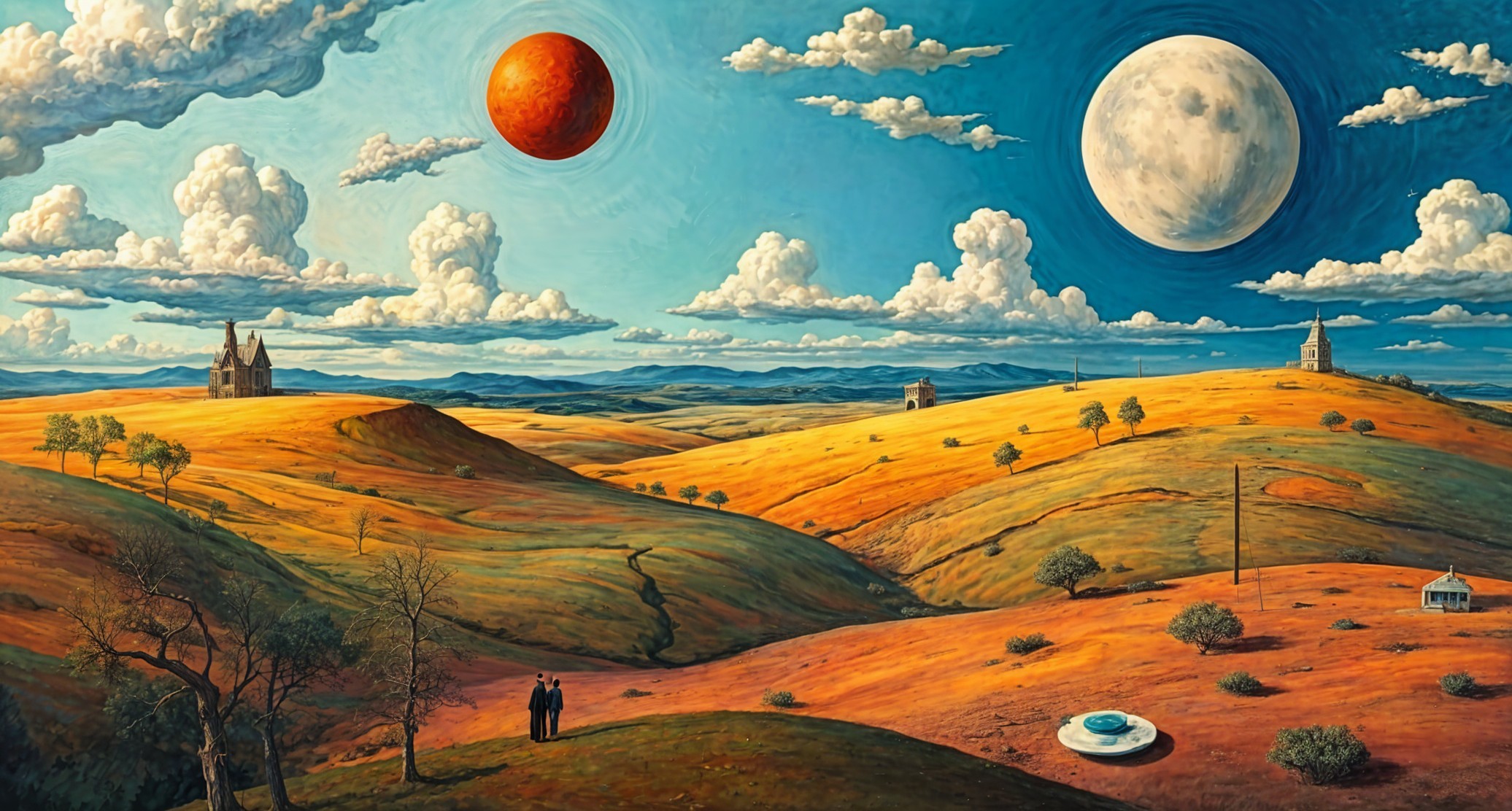 Surreal Landscape with Vibrant Colors and Celestial Bodies