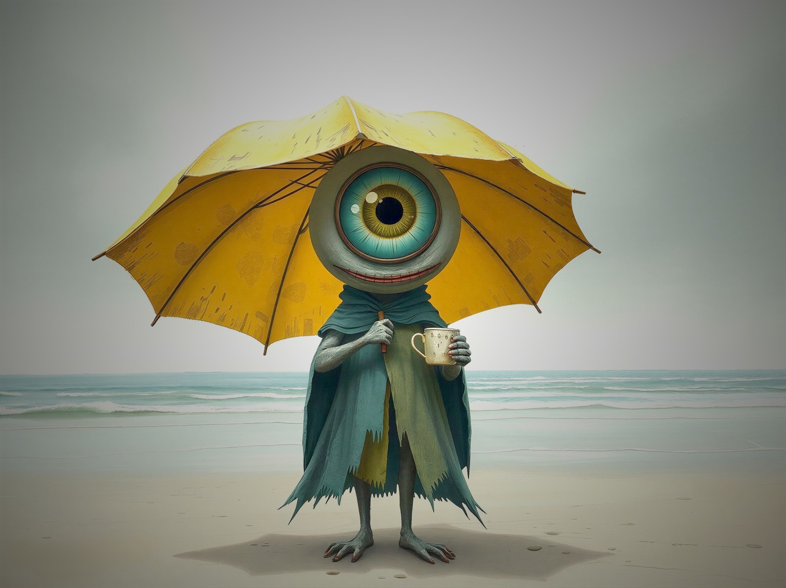 Whimsical Monster on Beach with Umbrella and Mug