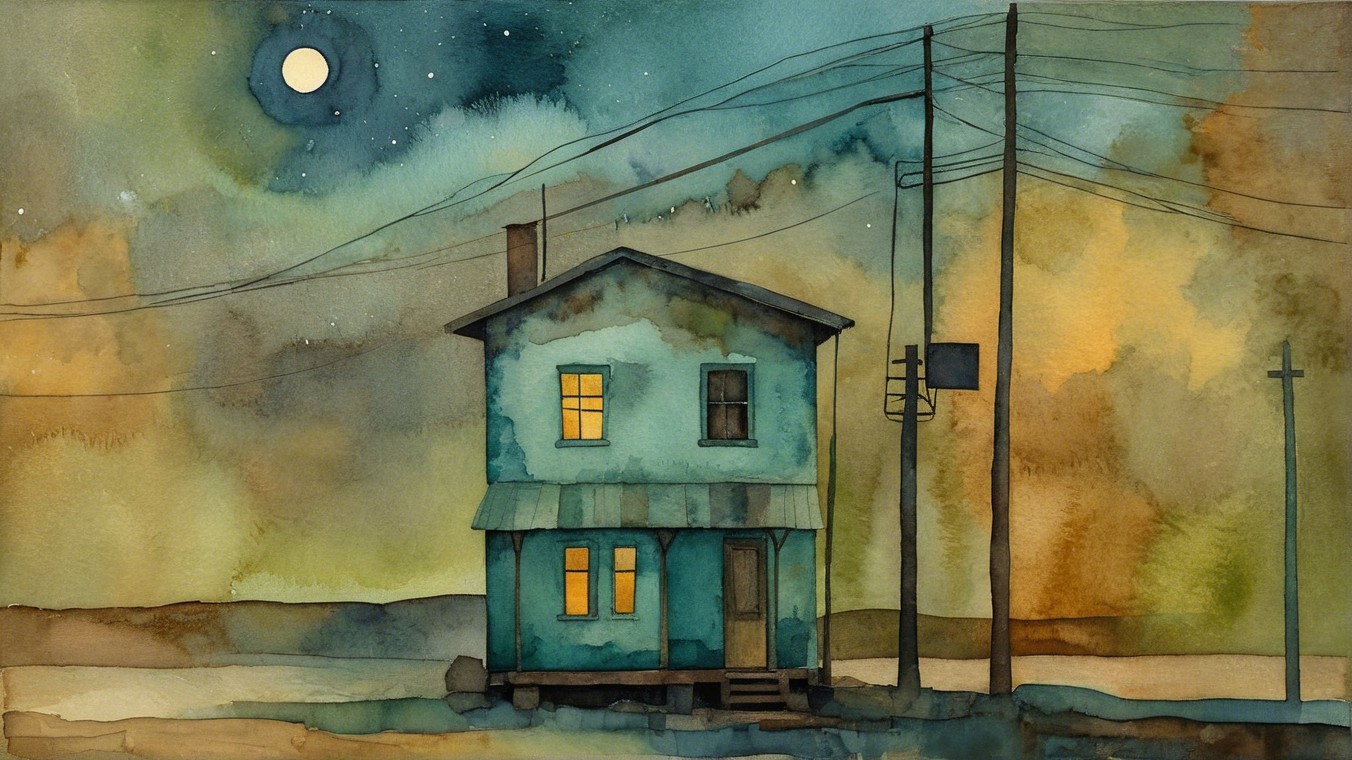 Nighttime Scene of Blue House with Watercolor Skies