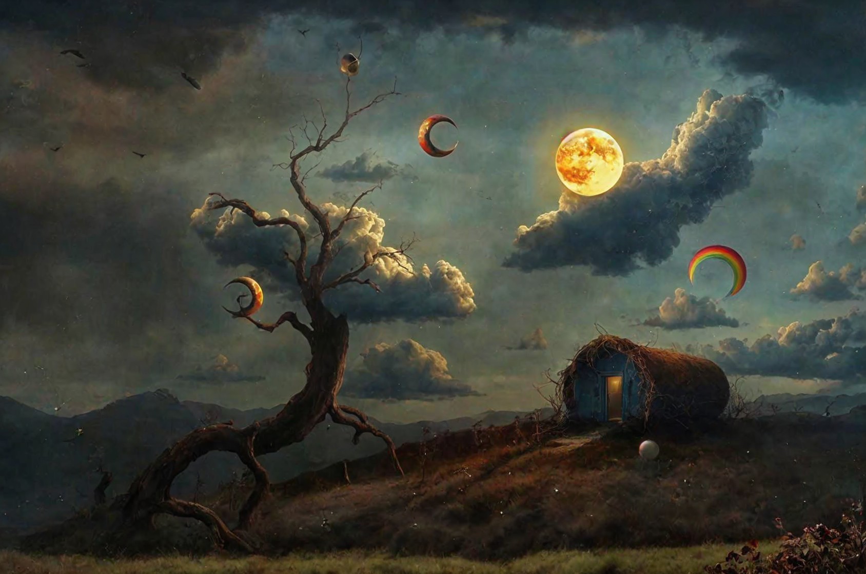 Surreal Landscape with Moon, Tree, and Hut