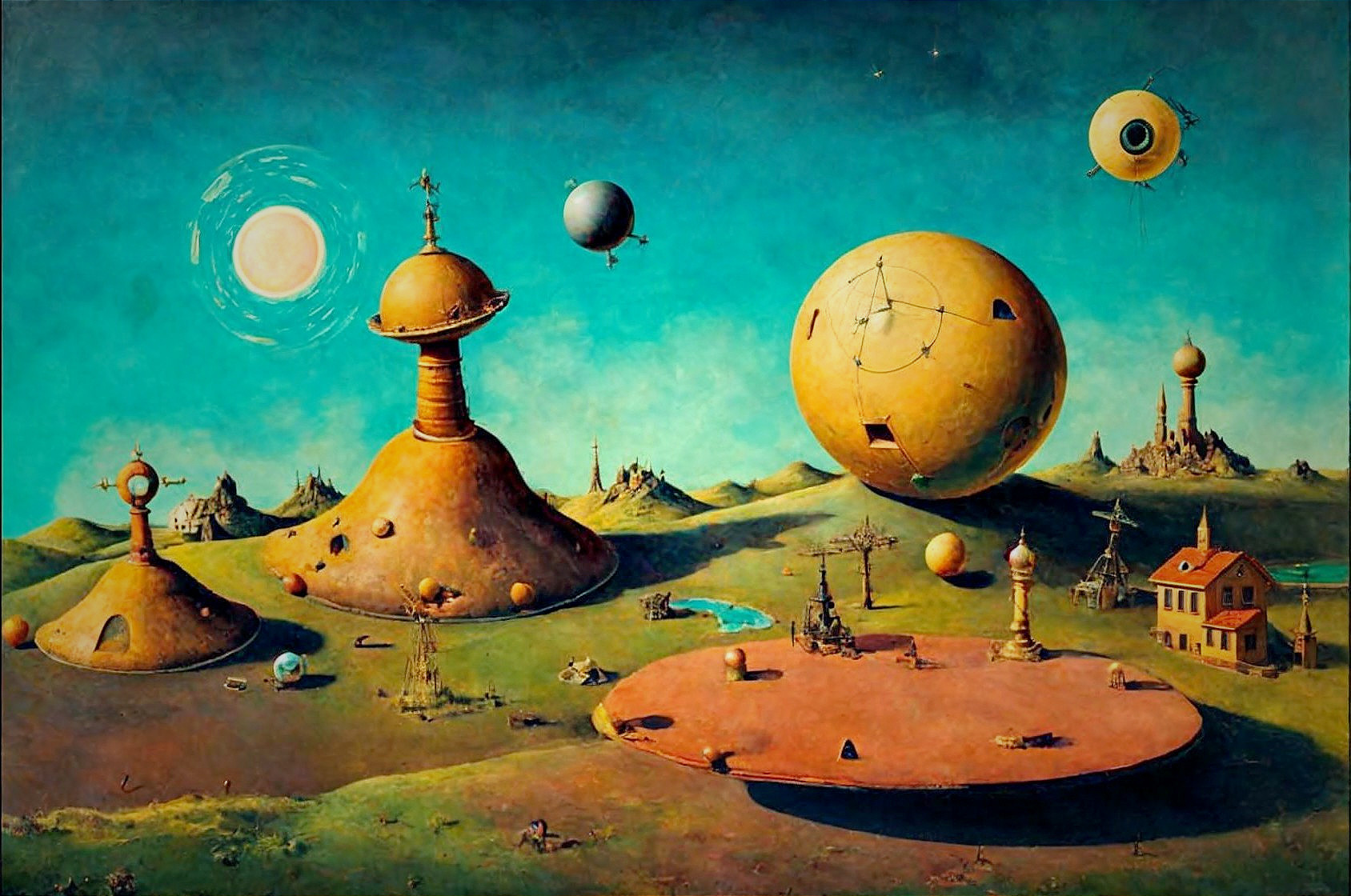 Surreal Landscape with Whimsical Structures and Elements