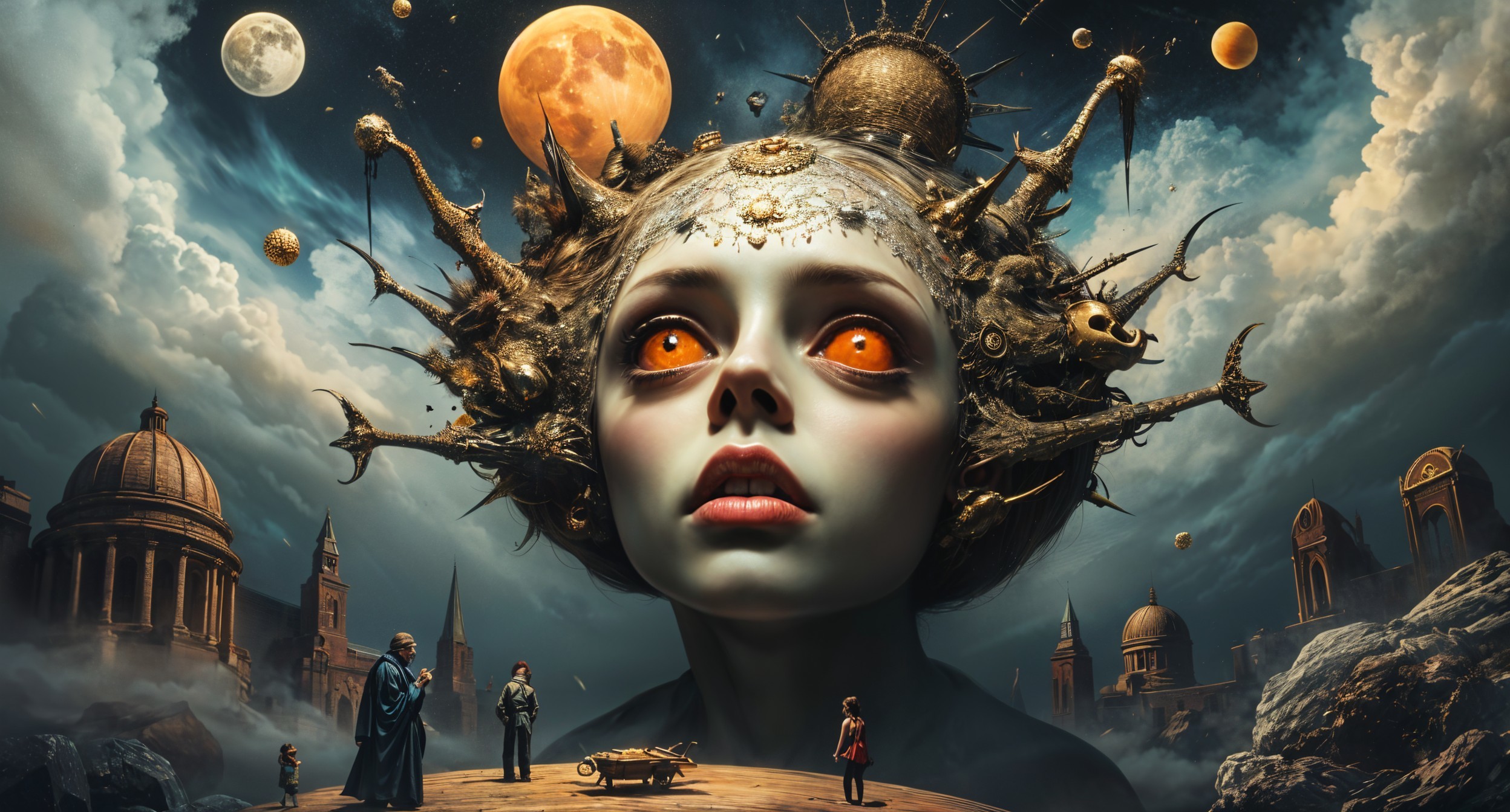 Surreal Scene with Colossal Ethereal Figure and Moons