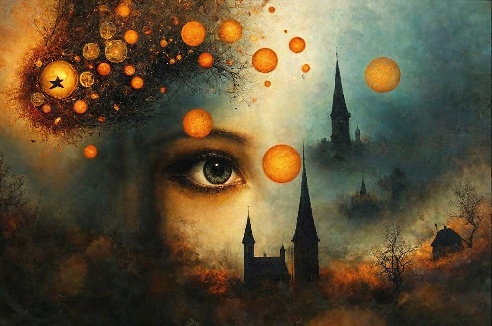 Surreal Landscape with Central Eye and Celestial Orbs