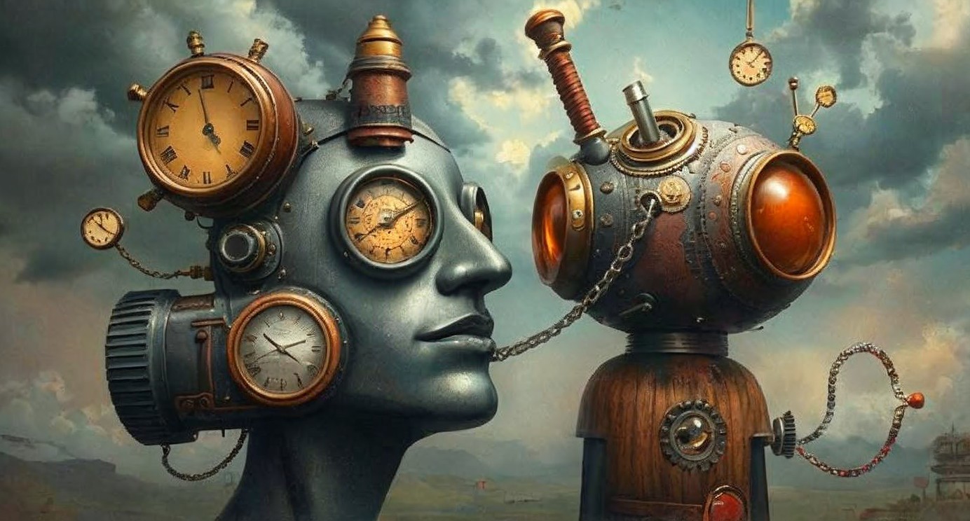Human and robotic figures with intricate clock designs