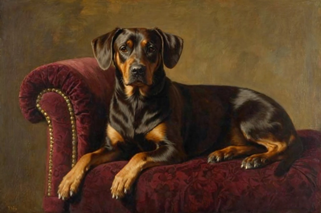 Regal Dog on Velvet Couch with Gold Accents