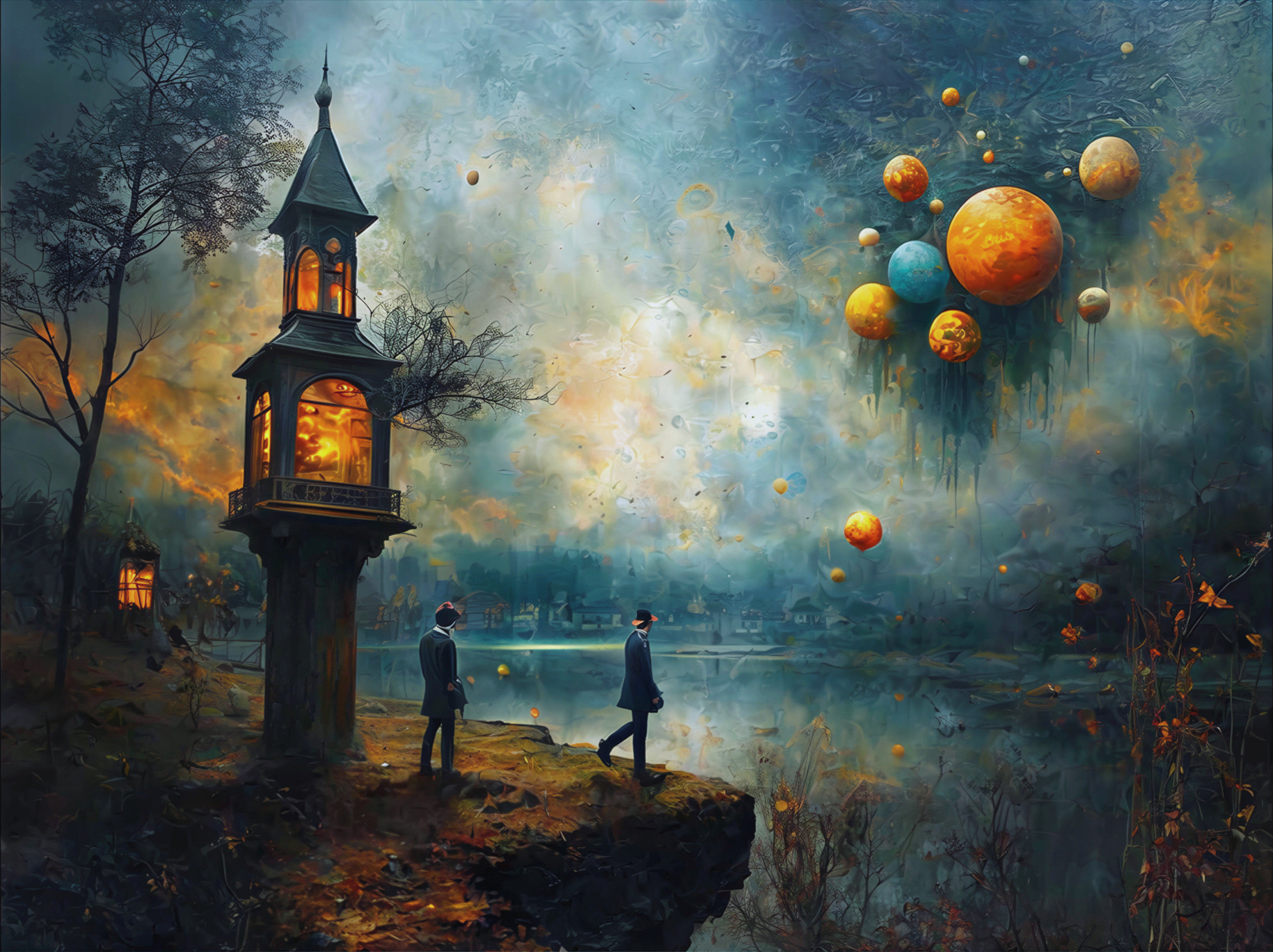 Surreal Landscape with Figures by Serene Lakeside