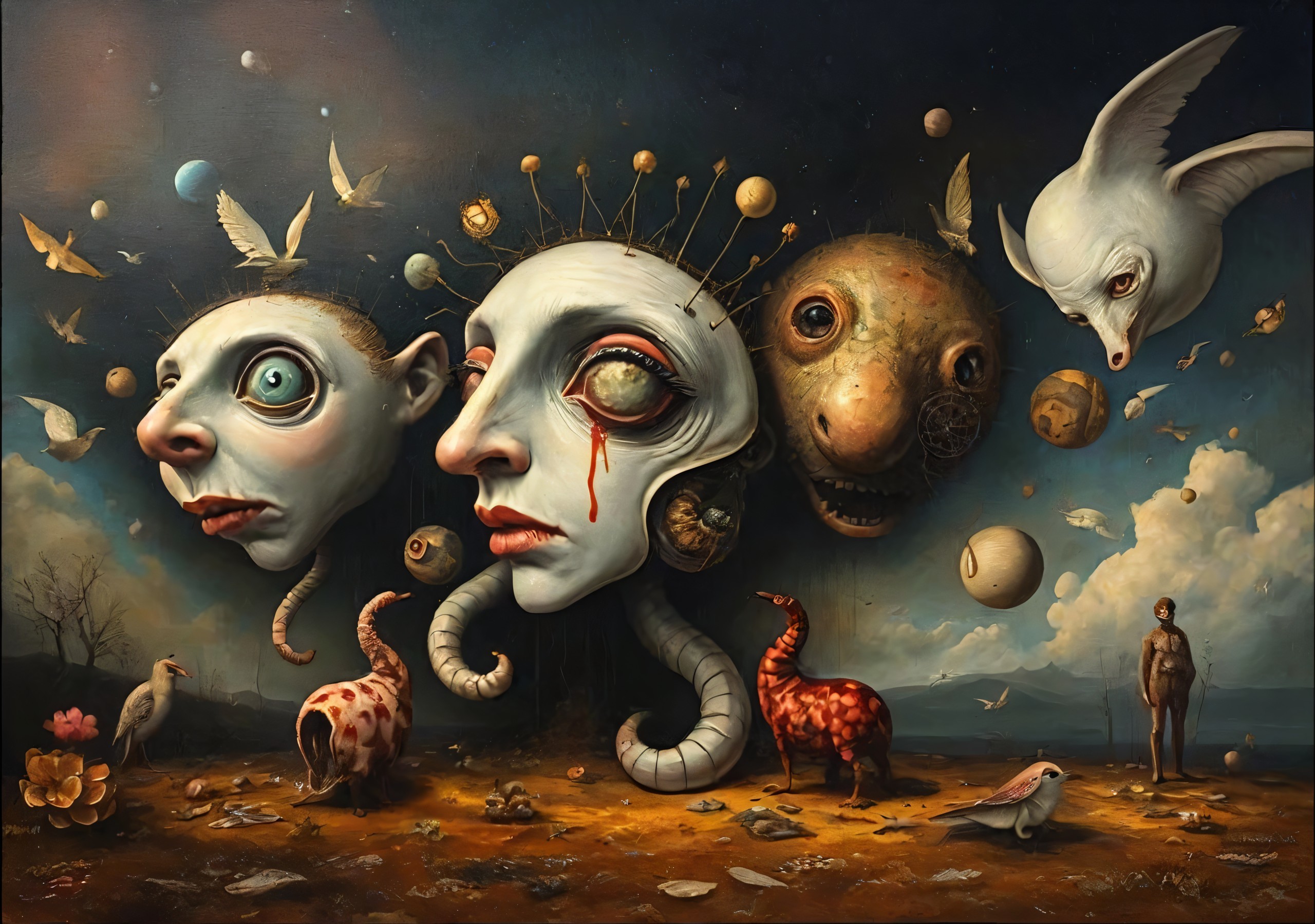 Surreal Landscape with Oversized Heads and Creatures