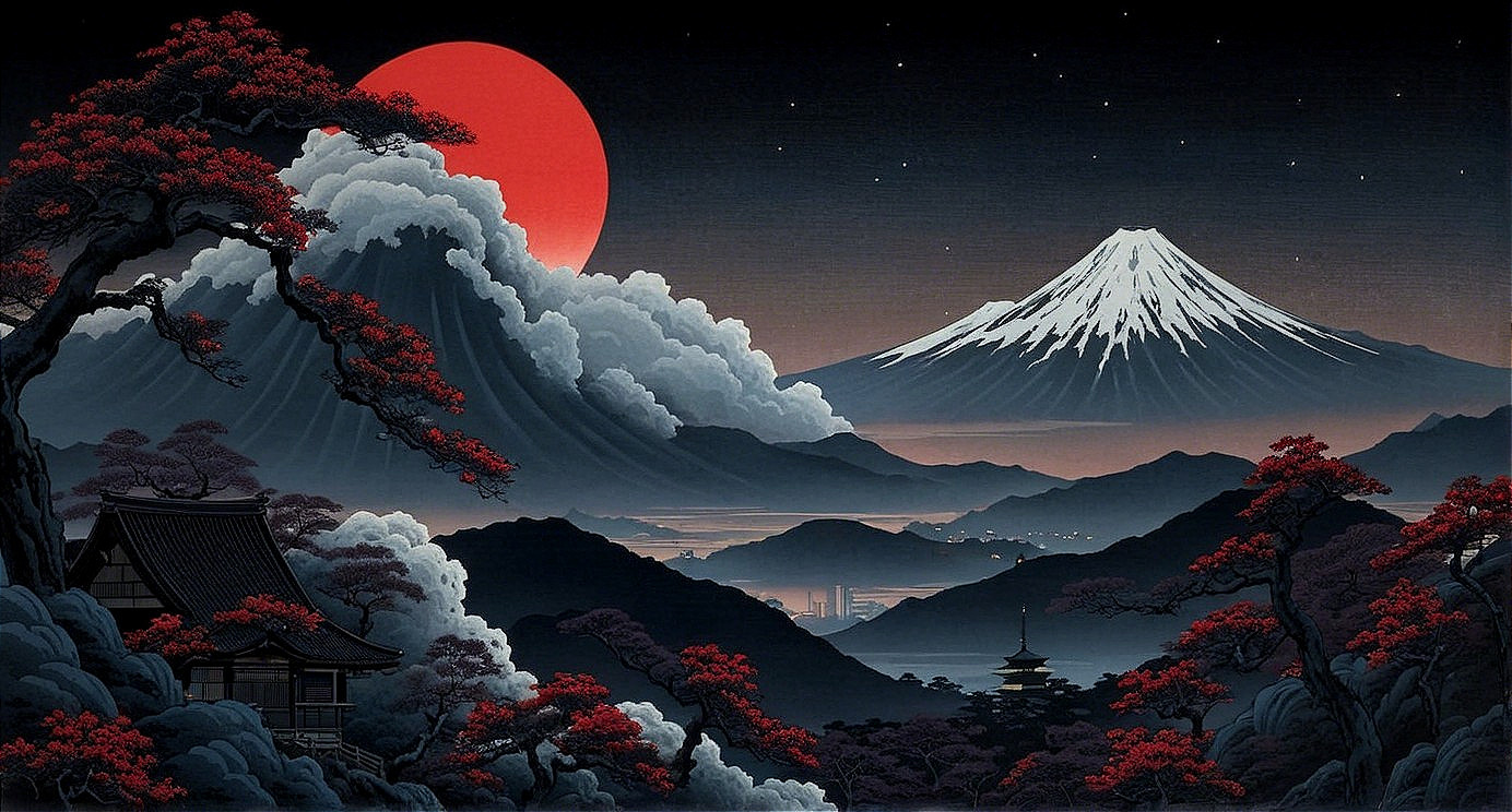 Nighttime Landscape with Mount Fuji and Traditional Architecture
