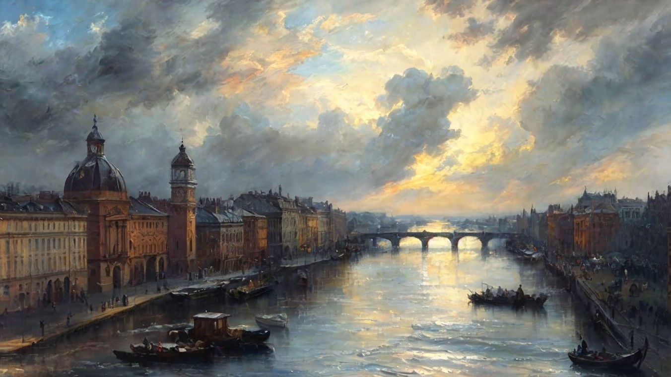Serene sunset over river with elegant buildings and bridge