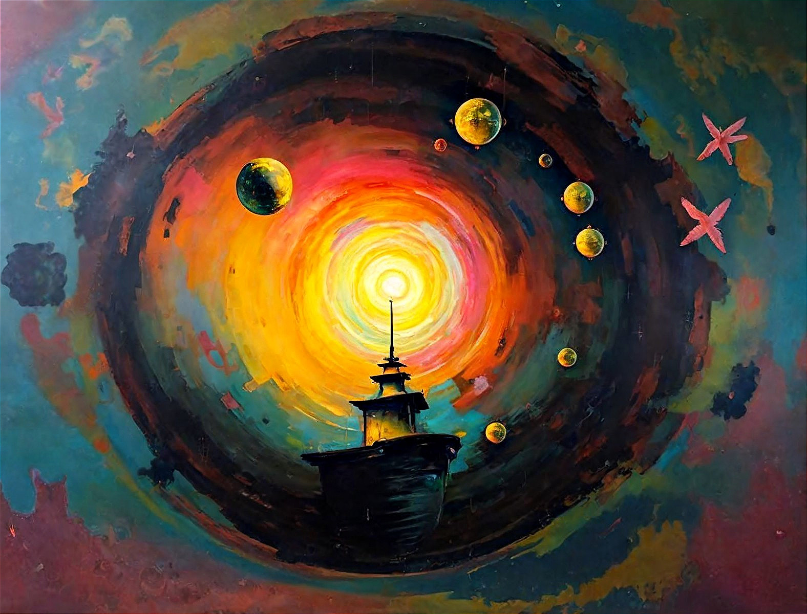 Abstract Galactic Scene with Sun and Planets