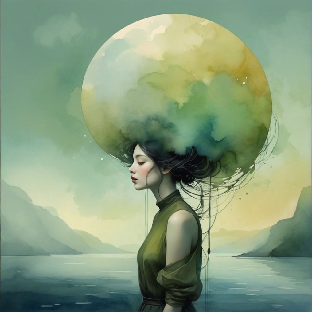 Serene Woman by Tranquil Water with Dreamy Cloud