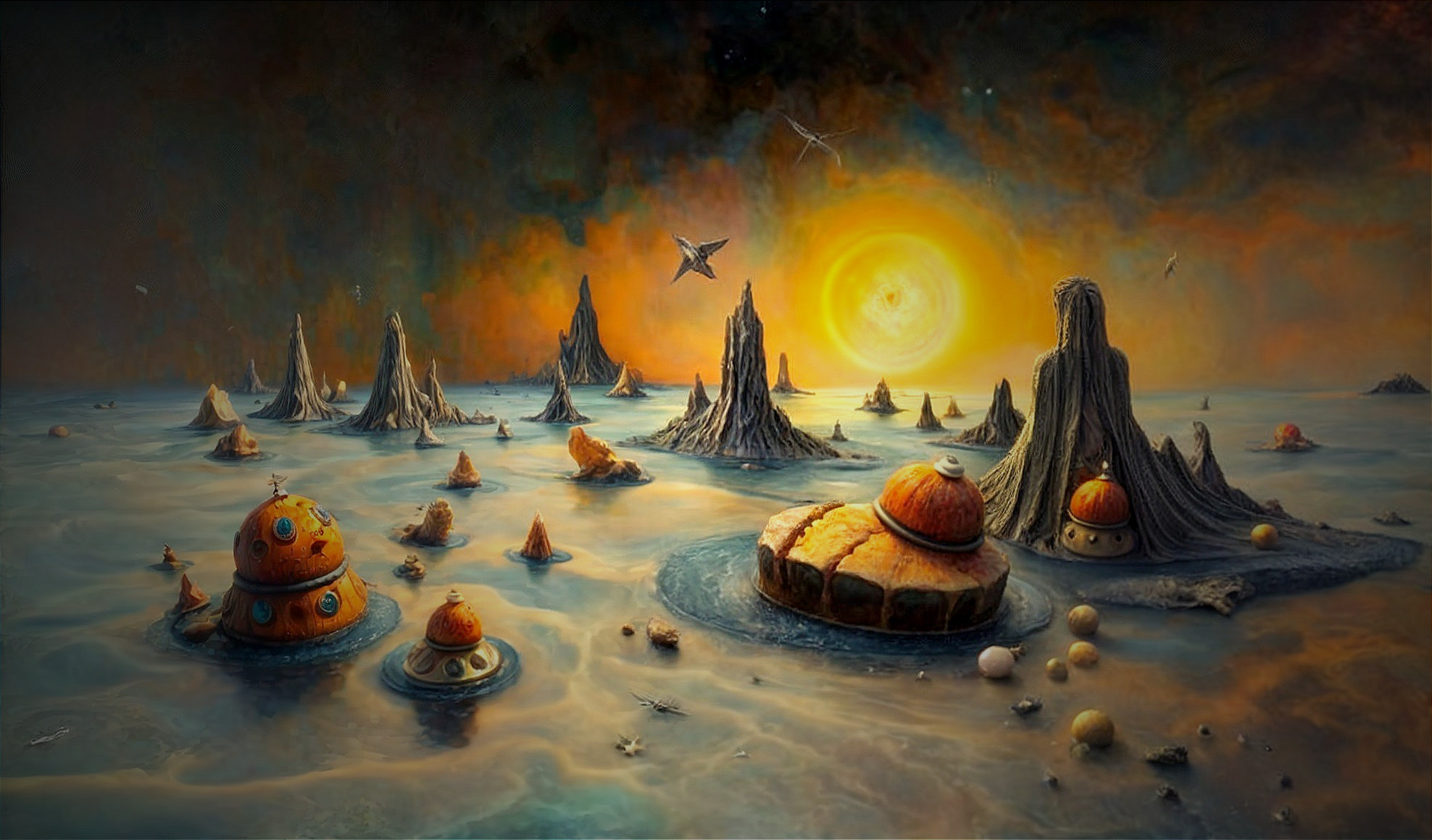 Surreal Landscape with Towering Rock Formations and Sun