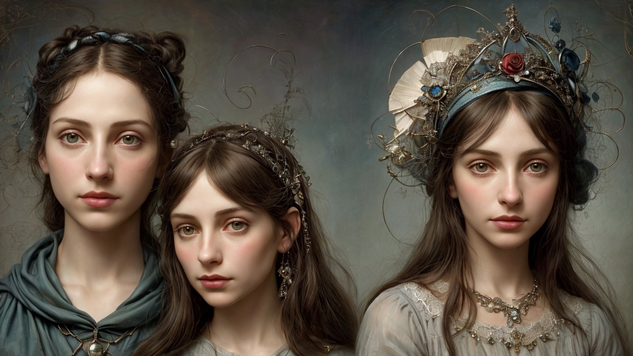 Three Ethereal Young Women in Soft, Dreamlike Setting