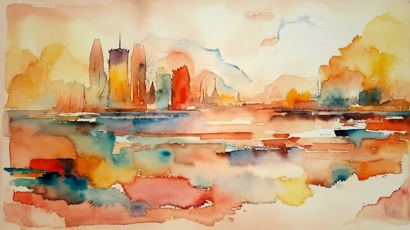 Serene Watercolor Landscape with Soft Hues and Reflections