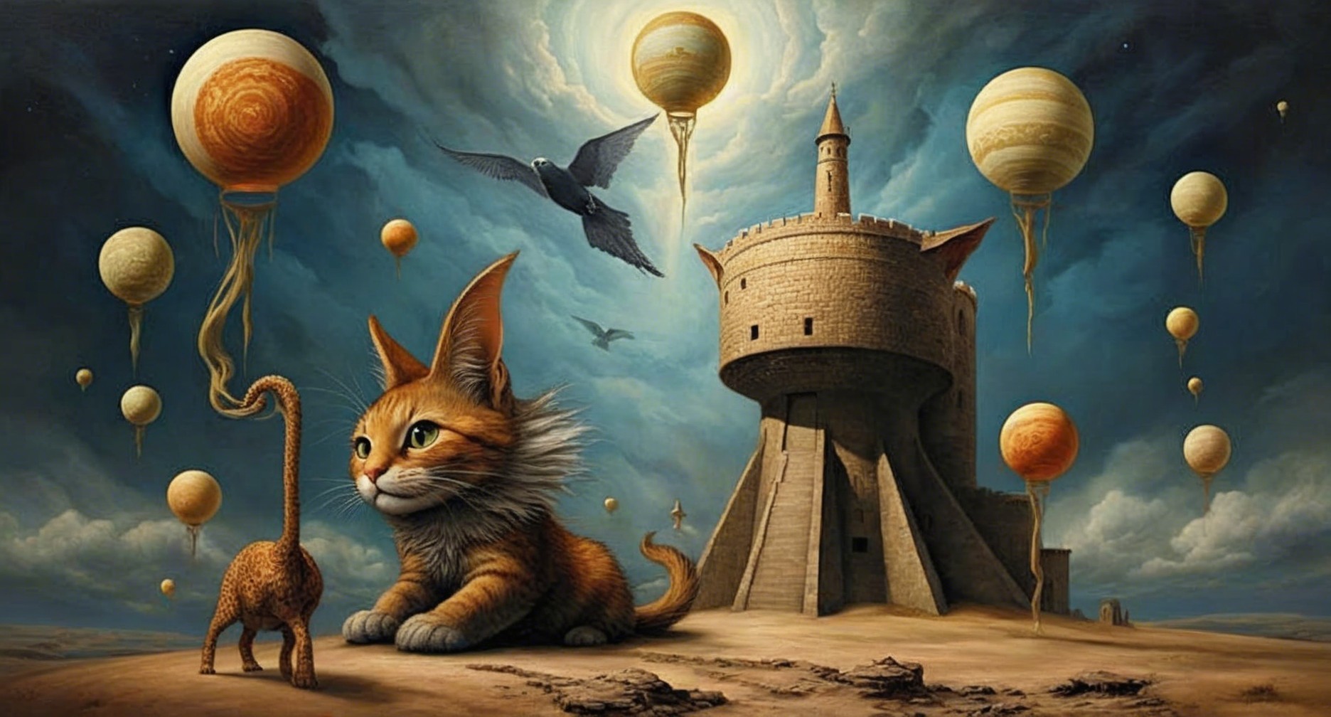 Playful Cat in Surreal Desert with Castle and Balloons