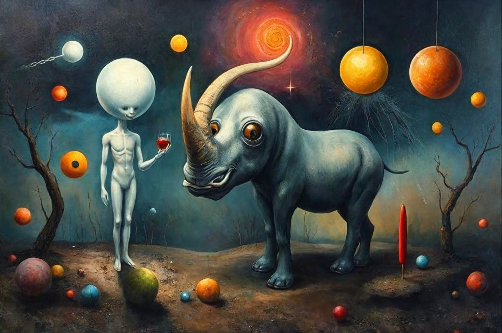 Surreal Landscape with Humanoid Figure and Rhino