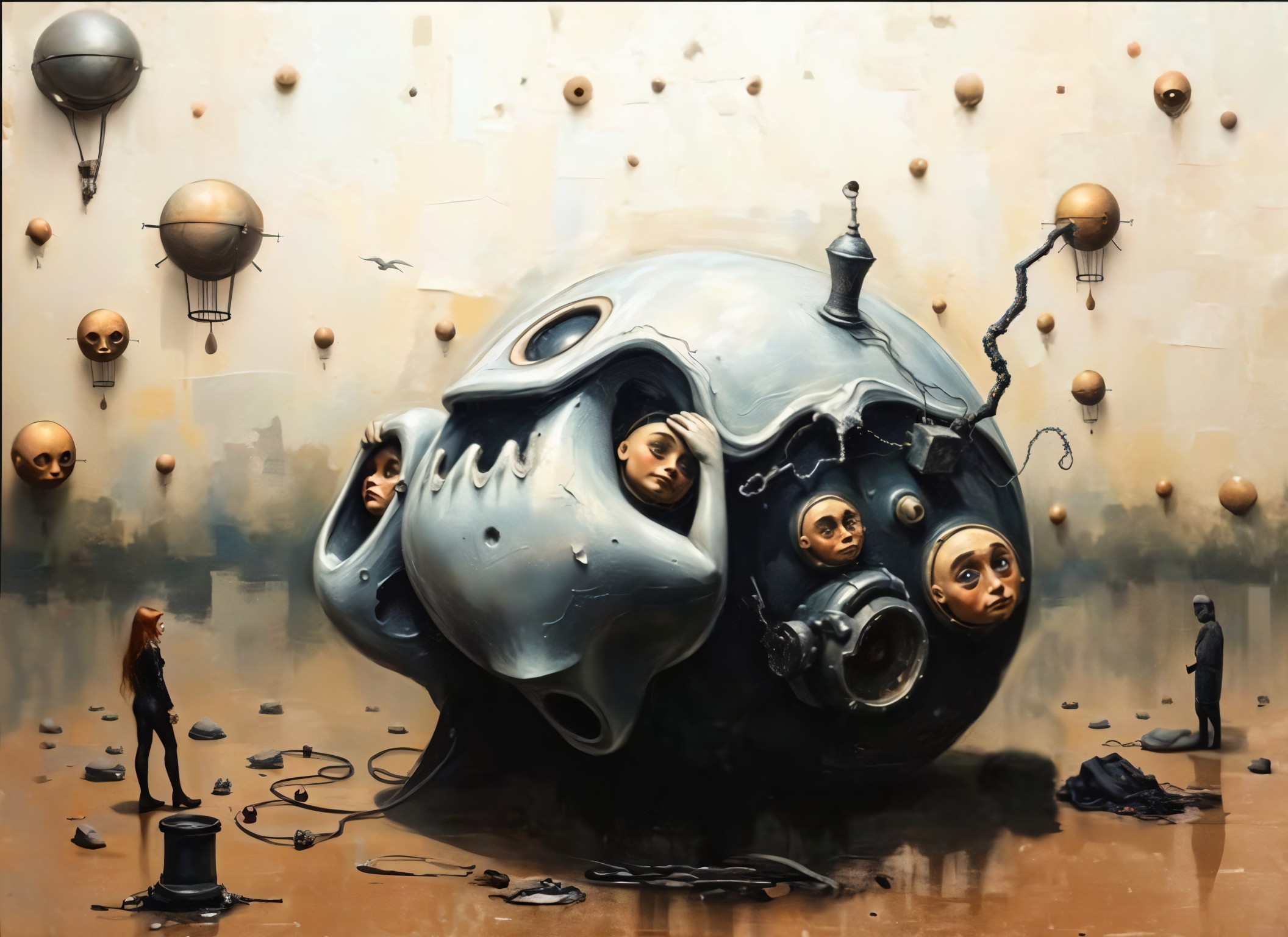 Surreal Landscape with Metallic Skull and Human Faces
