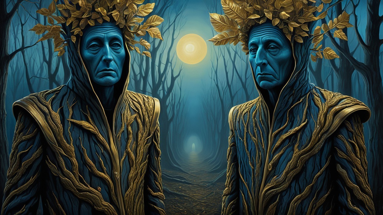 Ethereal Figures in a Misty Forest with Moonlight
