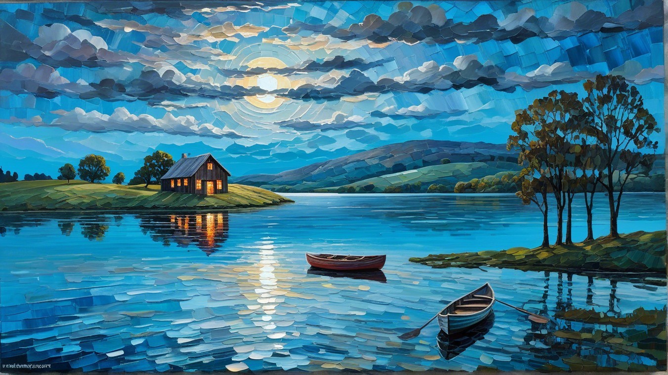 Tranquil Lake Scene with Moonlit Sky and Cabin
