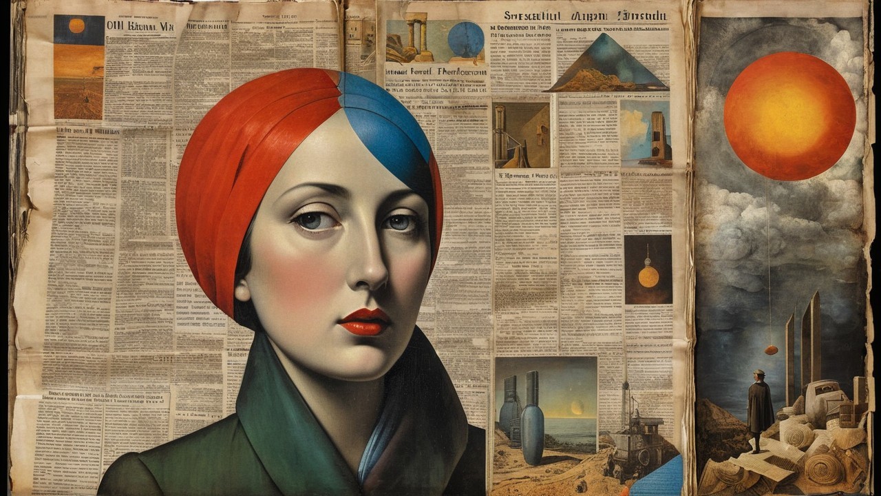 Woman in Headscarf Amid Surreal Elements and Hues