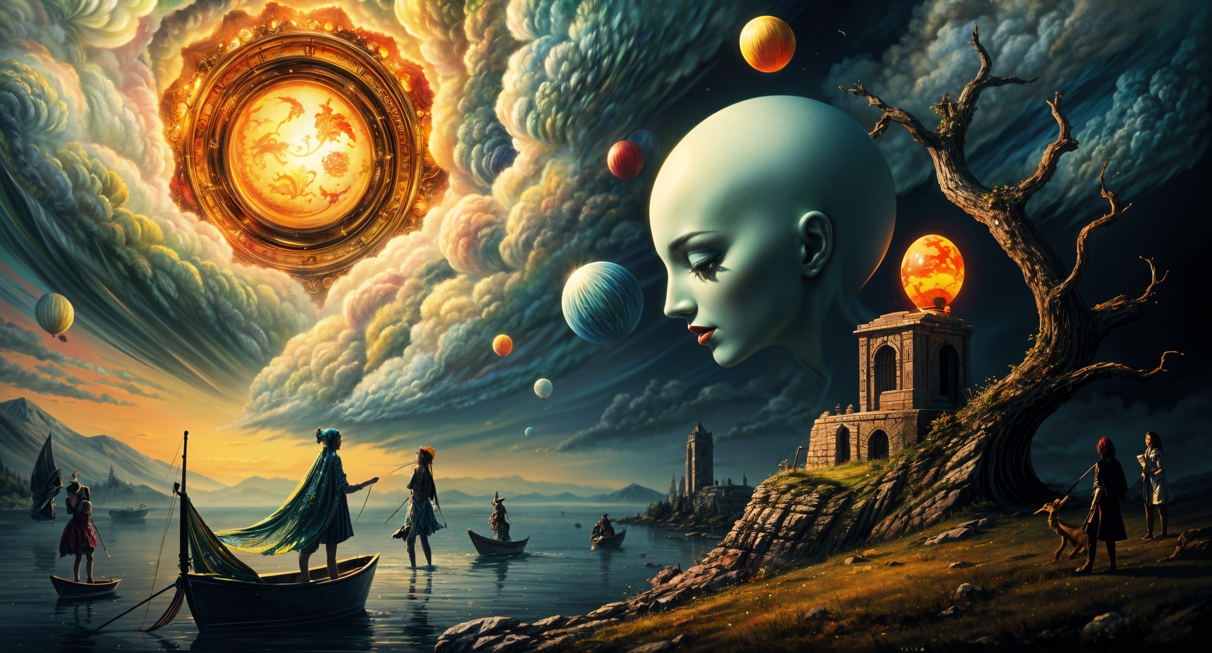 Surreal Landscape with Giant Head and Celestial Elements